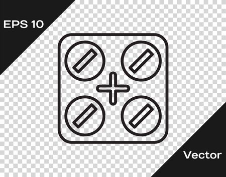 Black line Medical pills with marijuana or cannabis leaf icon isolated on transparent background. Mock up of cannabis oil extracts in jars. Vector Illustrationのイラスト素材