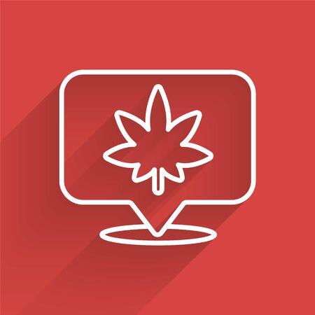 White line Map pointer and marijuana or cannabis leaf icon isolated with long shadow. Hemp symbol. Vector Illustrationのイラスト素材