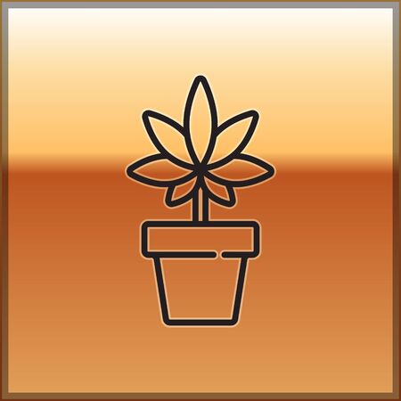 Black line Medical marijuana or cannabis plant in pot icon isolated on gold background. Marijuana growing concept. Hemp potted plant. Vector Illustrationのイラスト素材
