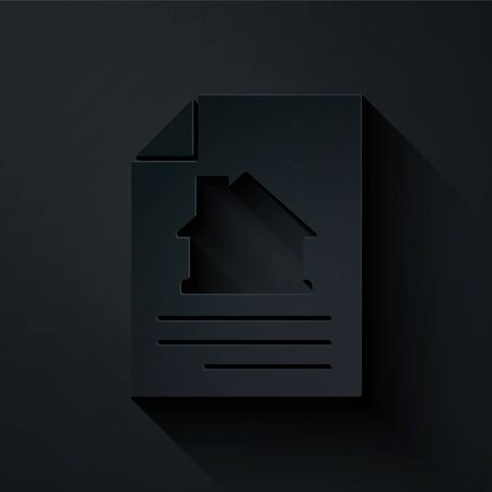 Paper cut House contract icon isolated on black background. Contract creation service, document formation, application form composition. Paper art style. Vectorのイラスト素材