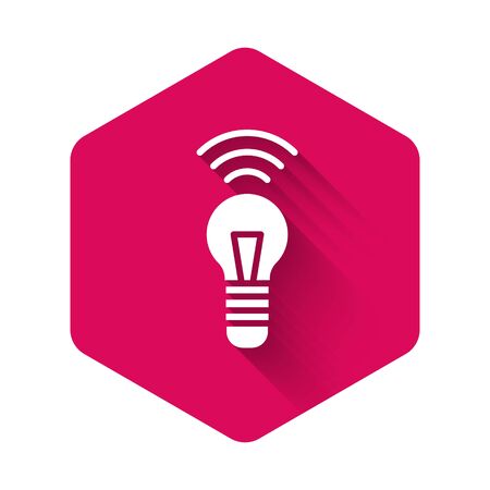 White Smart light bulb system icon isolated with long shadow. Energy and idea symbol. Internet of things concept with wireless connection. Pink hexagon button. Vector.のイラスト素材