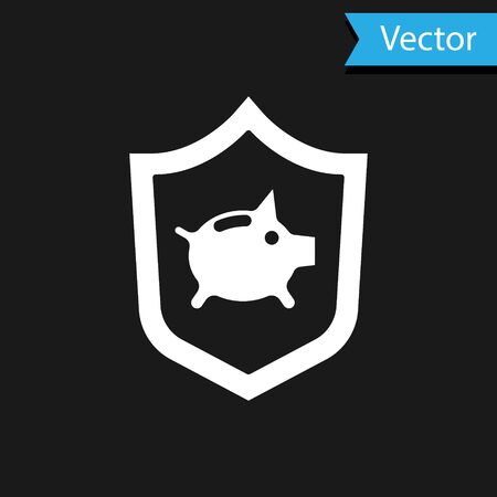 White Piggy bank with shield icon isolated on black background. Saving or accumulation of money, investment. Insurance concept. Vector.のイラスト素材