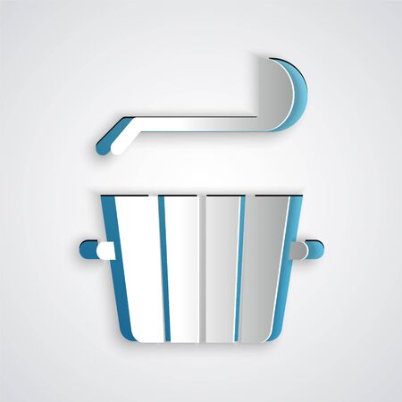 Paper cut Sauna bucket and ladle icon isolated on grey background. Paper art style. Vectorのイラスト素材