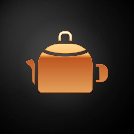 Gold Kettle with handle icon isolated on black background. Teapot icon. Vectorのイラスト素材