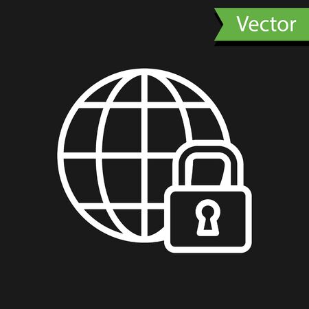 White line Global lockdown - locked globe icon isolated on black background. Vector.のイラスト素材