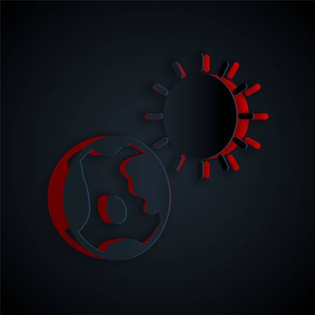 Paper cut Earth globe and sun icon isolated on black background. World or Earth sign. Global internet symbol. Geometric shapes. Paper art style. Vector Illustration.のイラスト素材