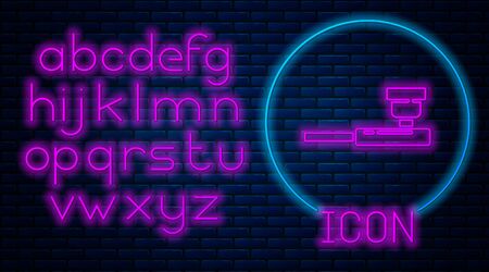 Glowing neon Smoking pipe with smoke icon isolated on brick wall background. Tobacco pipe. Neon light alphabet. Vector Illustration.のイラスト素材
