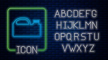 Glowing neon Plastic canister for motor machine oil icon isolated on brick wall background. Oil gallon. Oil change service and repair. Neon light alphabet. Vector Illustrationのイラスト素材