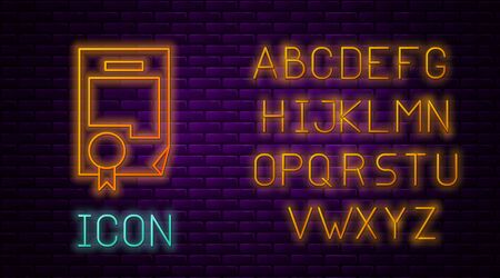 Glowing neon line Certificate template icon isolated on brick wall background. Achievement, award, degree, grant, diploma. Business success certificate. Neon light alphabet. Vector Illustrationのイラスト素材