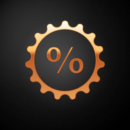 Gold Discount percent tag icon isolated on black background. Shopping tag sign. Special offer sign. Discount coupons symbol. Vector Illustrationのイラスト素材