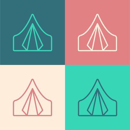 Pop art line Tourist tent icon isolated on color background. Camping symbol. Vector Illustrationのイラスト素材