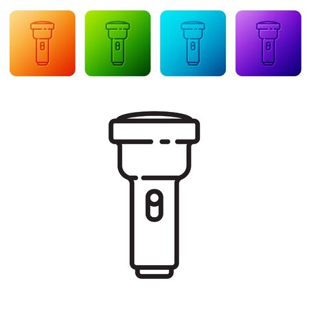Black line Flashlight icon isolated on white background. Set icons in color square buttons. Vector Illustrationのイラスト素材