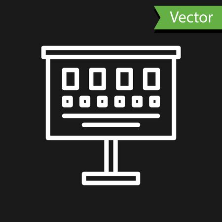 White line Eye test chart icon isolated on black background. Poster for vision testing in ophthalmic study. Snellen chart. Vector Illustrationのイラスト素材