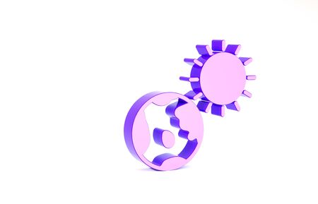 Purple Earth globe and sun icon isolated on white background. World or Earth sign. Global internet symbol. Geometric shapes. Minimalism concept. 3d illustration 3D renderの写真素材