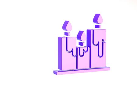 Purple Burning candles icon isolated on white background. Cylindrical candle stick with burning flame. Minimalism concept. 3d illustration 3D renderの写真素材