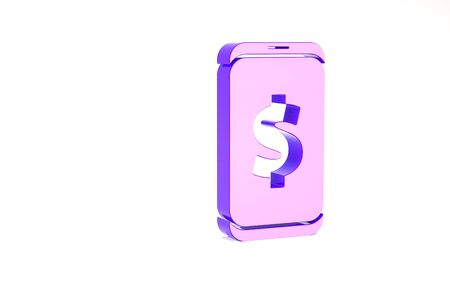 Purple Smartphone with dollar symbol icon isolated on white background. Online shopping concept. Financial mobile phone. Online payment. Minimalism concept. 3d illustration 3D renderの写真素材
