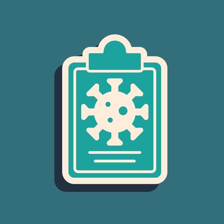 Green Medical clipboard with blood test results icon isolated on green background. Clinical record, medical check marks report. Long shadow style. Vector.のイラスト素材