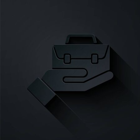 Paper cut Hand holding briefcase icon isolated on black background. Insurance concept. Security, safety, protection, protect concept. Paper art style. Vector.のイラスト素材