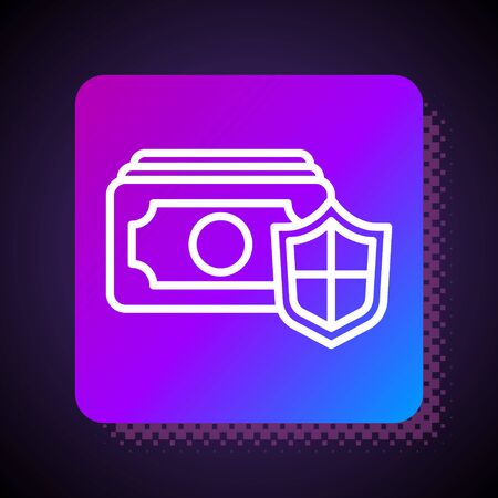 White line Money with shield icon isolated on black background. Insurance concept. Security, safety, protection, protect concept. Square color button. Vector.のイラスト素材
