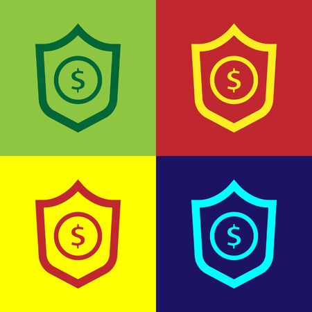 Pop art Shield with dollar symbol icon isolated on color background. Security shield protection. Money security concept. Vector.のイラスト素材