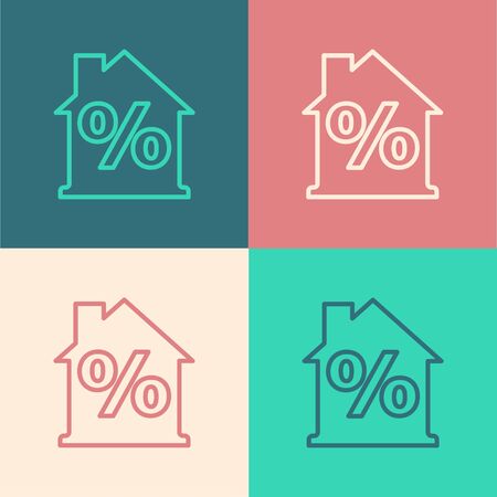 Pop art line House with percant discount tag icon isolated on color background. Real estate home. Credit percentage symbol. Vectorのイラスト素材
