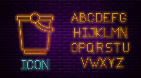 Glowing neon line Bucket icon isolated on brick wall background. Neon light alphabet. Vectorのイラスト素材