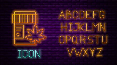 Glowing neon line Medical bottle with marijuana or cannabis leaf icon isolated on brick wall background. Mock up of cannabis oil extracts in jars. Neon light alphabet. Vector Illustration.のイラスト素材