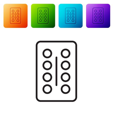 Black line Pills in blister pack icon isolated on white background. Medical drug package for tablet, vitamin, antibiotic, aspirin. Set icons in color square buttons. Vector Illustration.のイラスト素材