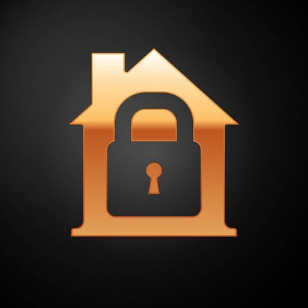 Gold House under protection icon isolated on black background. Home and lock. Protection, safety, security, protect, defense concept. Vectorのイラスト素材