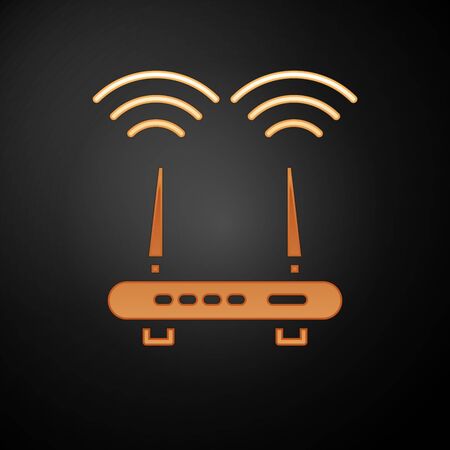 Gold Router and wifi signal icon isolated on black background. Wireless modem router. Computer technology internet. Vectorのイラスト素材
