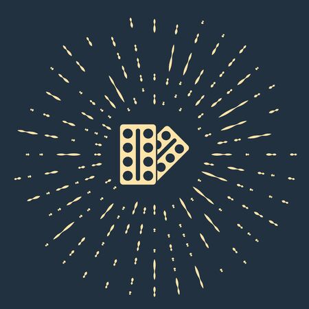 Beige Pills in blister pack icon isolated on blue background. Medical drug package for tablet, vitamin, antibiotic, aspirin. Abstract circle random dots. Vector.のイラスト素材