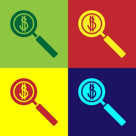 Pop art Magnifying glass and dollar symbol icon isolated on color background. Find money. Looking for money.  Vector Illustration.のイラスト素材