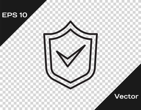 Black line Shield with check mark icon isolated on transparent background. Security, safety, protection, privacy concept. Tick mark approved.  Vector.のイラスト素材