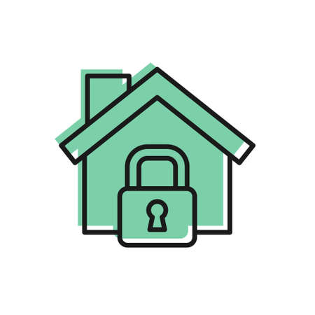 Black line House under protection icon isolated on white background. Home and lock. Protection, safety, security, protect, defense concept.  Vector.のイラスト素材
