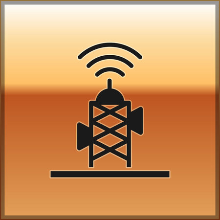 Black Wireless antenna icon isolated on gold background. Technology and network signal radio antenna.  Vector.のイラスト素材