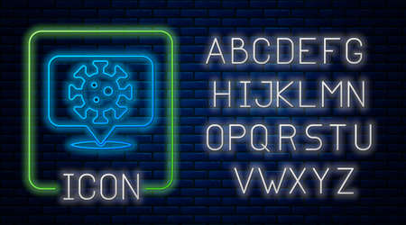 Glowing neon Corona virus 2019-nCoV on location icon isolated on brick wall background. Bacteria and germs, cell cancer, microbe, fungi. Neon light alphabet. Vector..のイラスト素材