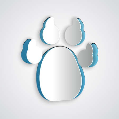 Paper cut Paw print icon isolated on grey background. Dog or cat paw print. Animal track. Paper art style. Vector.のイラスト素材