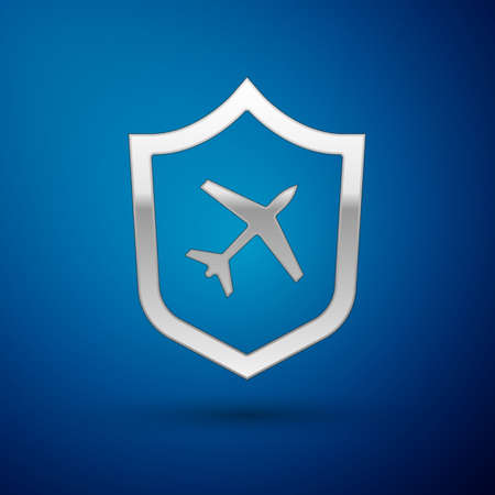 Silver Plane with shield icon isolated on blue background. Flying airplane. Airliner insurance. Security, safety, protection, protect concept. Vector..のイラスト素材