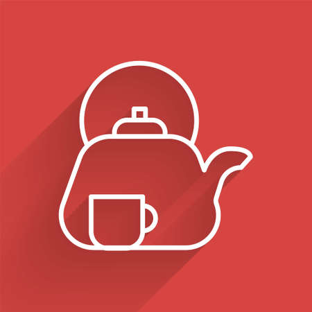 White line Traditional tea ceremony icon isolated with long shadow. Teapot with cup. Vector.のイラスト素材