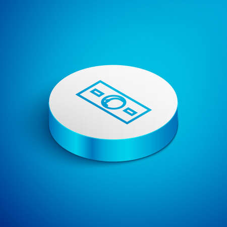 Isometric line Paper money cash icon isolated on blue background. Money banknotes stacks. Bill currency. White circle button. Vector Illustration.のイラスト素材