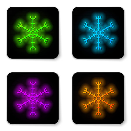 Glowing neon line Snowflake icon isolated on white background. Black square button. Vector Illustration.のイラスト素材