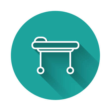 White line Stretcher icon isolated with long shadow. Patient hospital medical stretcher. Green circle button. Vector Illustration.のイラスト素材