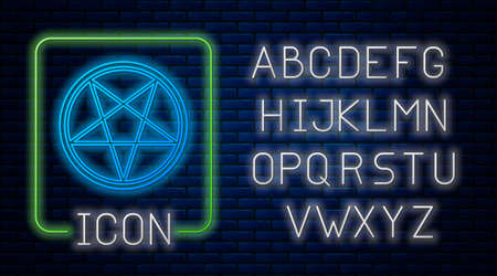 Glowing neon Pentagram in a circle icon isolated on brick wall background. Magic occult star symbol. Neon light alphabet. Vector Illustration.のイラスト素材