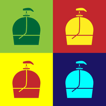 Pop art Bottle of liquid antibacterial soap with dispenser icon isolated on color background. Disinfection, hygiene, skin care. Vector Illustration.のイラスト素材
