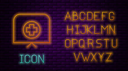 Glowing neon line Nurse hat with cross icon isolated on brick wall background. Medical nurse cap sign. Neon light alphabet. Vector Illustration.のイラスト素材