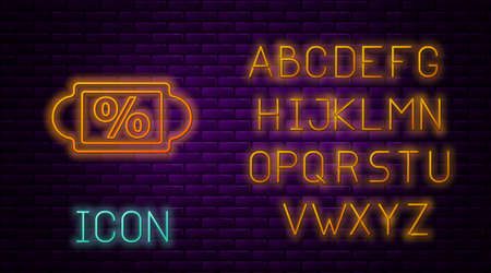 Glowing neon line Discount percent tag icon isolated on brick wall background. Shopping tag sign. Special offer sign. Discount coupons symbol. Neon light alphabet. Vector Illustration.のイラスト素材