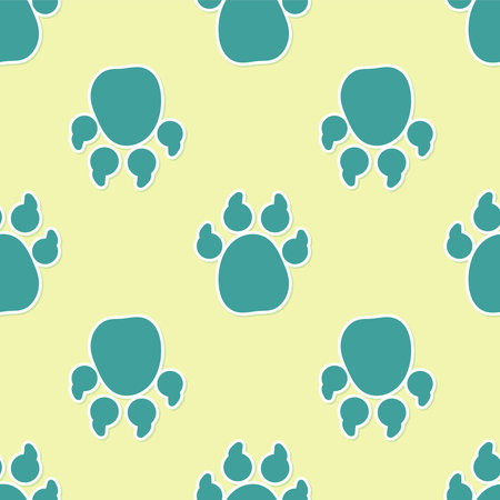 Green Paw print icon isolated seamless pattern on yellow background. Dog or cat paw print. Animal...
