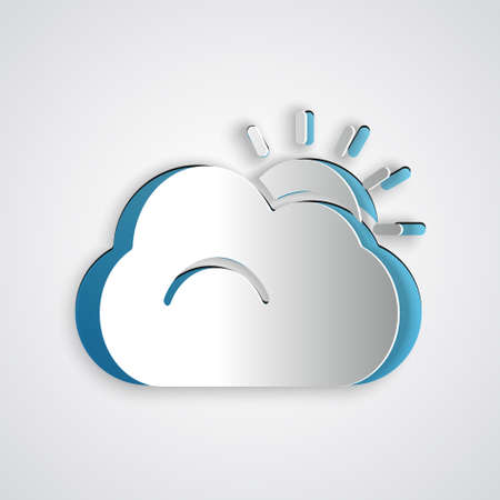 Paper cut Sun and cloud weather icon isolated on grey background. Paper art style. Vector Illustration.のイラスト素材