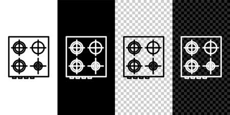 Set line Gas stove icon isolated on black and white background. Cooktop sign. Hob with four circle burners. Vector Illustration.のイラスト素材