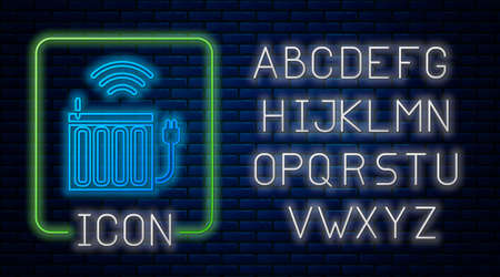 Glowing neon Smart heating radiator system icon isolated on brick wall background. Internet of things concept with wireless connection. Neon light alphabet. Vectorのイラスト素材